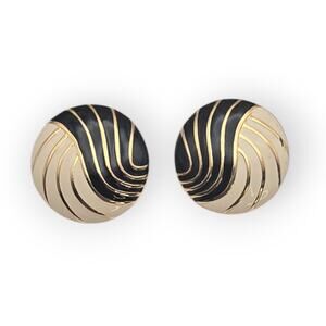 Black Cream Enamel Swirl Gold Tone Post Earrings – Vintage Napier – 1980s